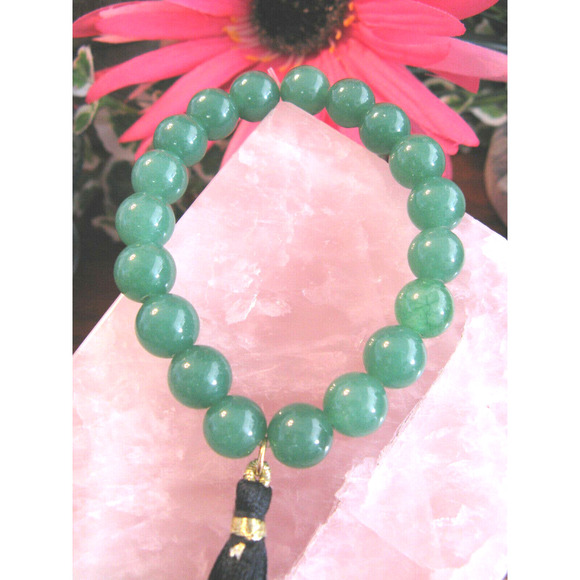 New Natural Green Aventurine Good Luck Beaded Cuff Bracelet w/ Tassel - Picture 2 of 5